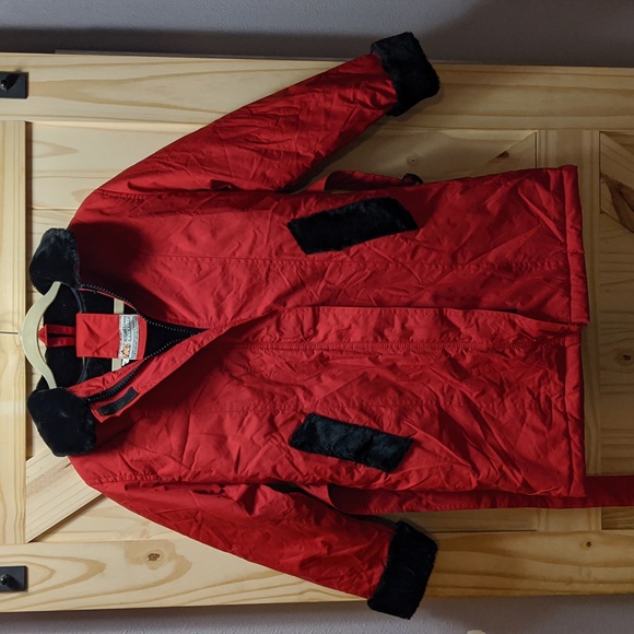 A-One M.Kamil Usmani Garments Jackets & Blazers - Red Ski Coat with Black Faux Fur